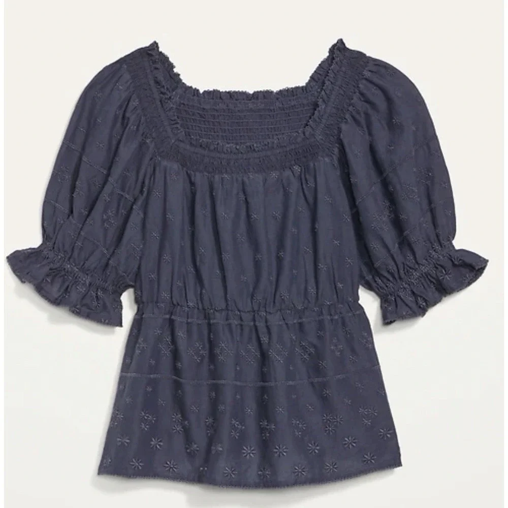 Old Navy Women's ‎ Blue Floral Embroidered Smocked Back Blouse Top Size XS